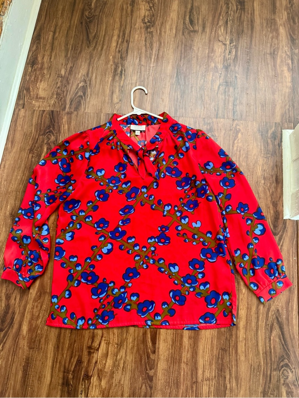 J. Crew Collection Red Tie-Neck Blouse with Blue Floral Accents, Size Small